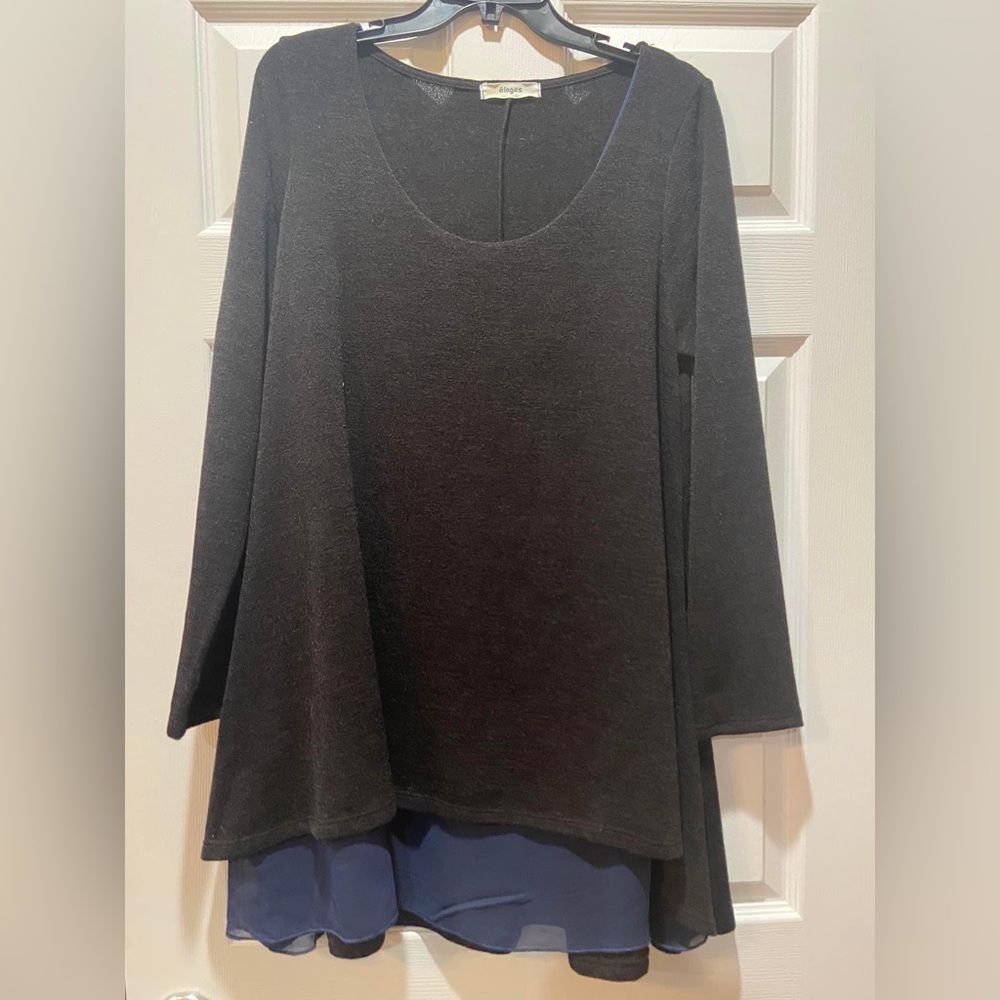 Size Large Women’s Black Sweater Tunic with navy blue under layer